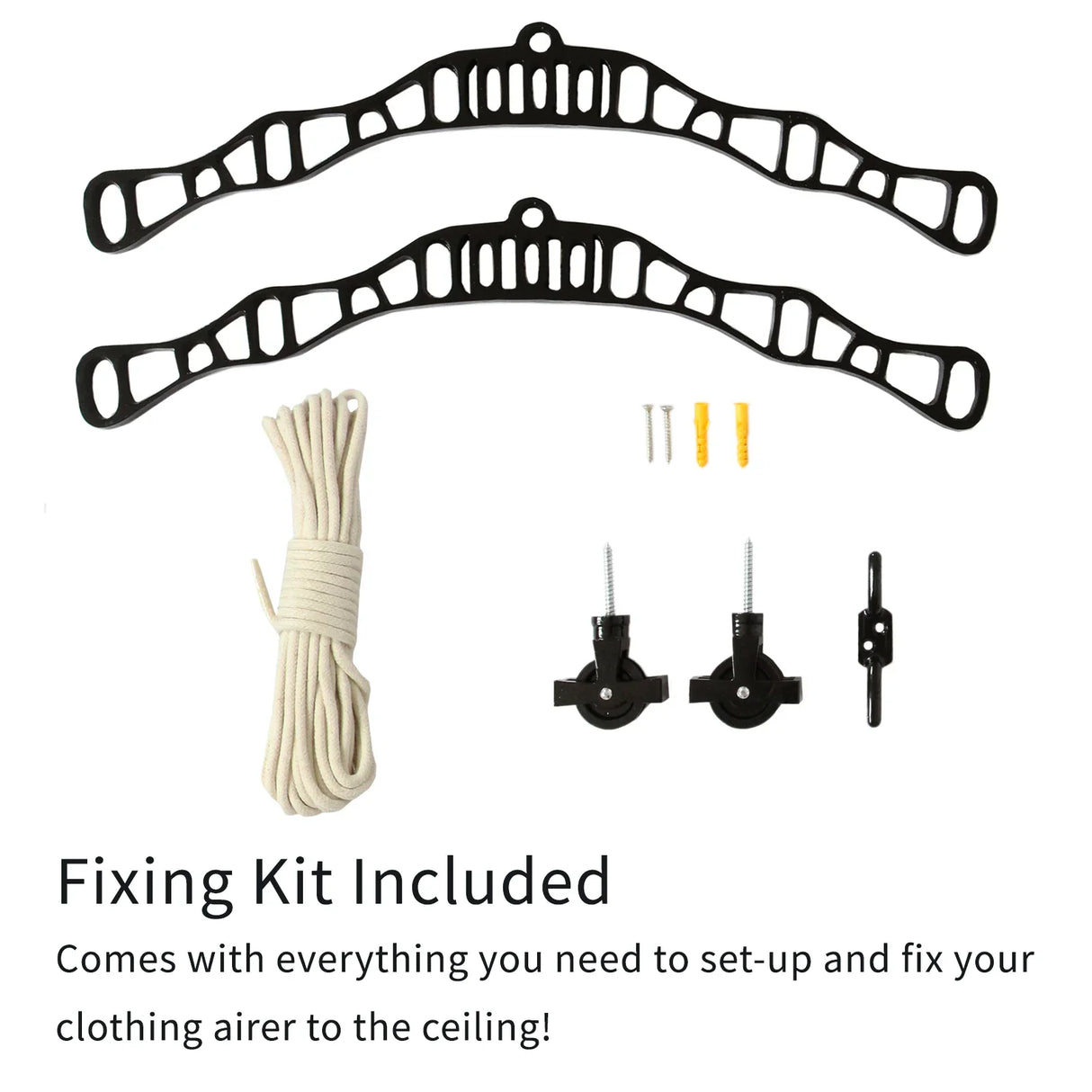 Ceiling pulley clothing airer fixing kit in black, featuring two brackets, screws, wall plugs, and durable rope for easy installation