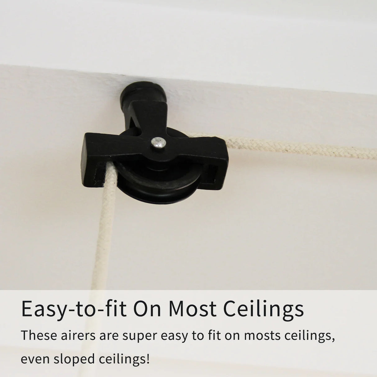 Ceiling pulley clothing airer in black with a sturdy design, featuring a smooth pulley wheel and durable rope for easy installation