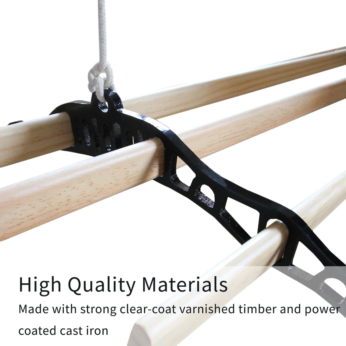 Ceiling pulley clothing airer in black, featuring sturdy varnished timber rods and a durable cast iron bracket for efficient drying
