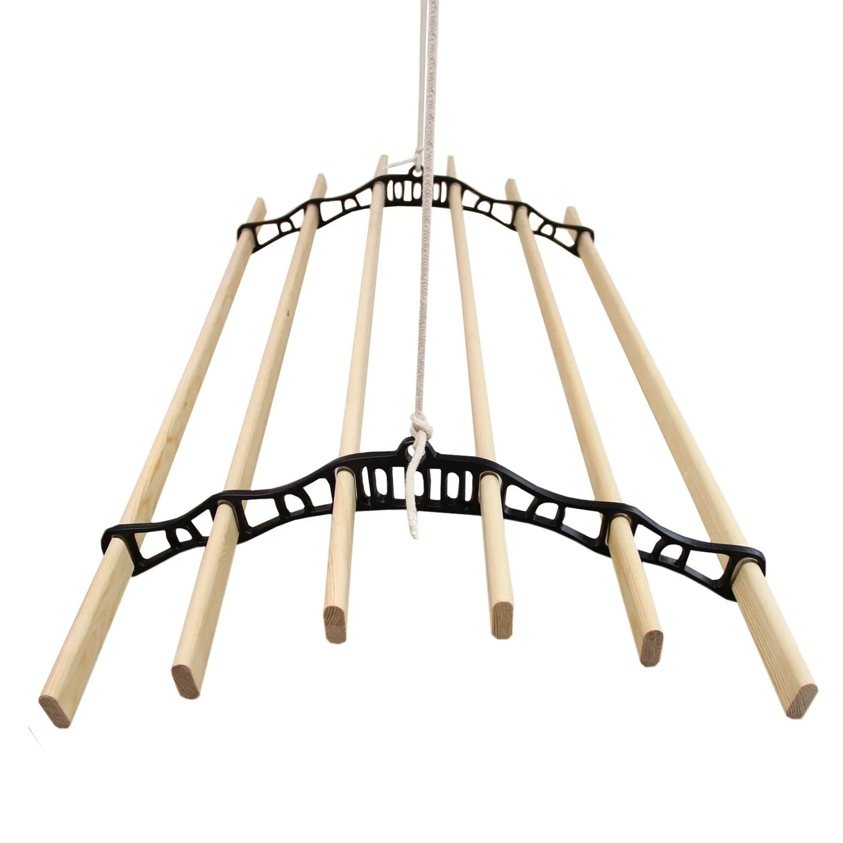 Ceiling pulley clothing airer in black with five wooden drying rods, designed for efficient space-saving laundry drying