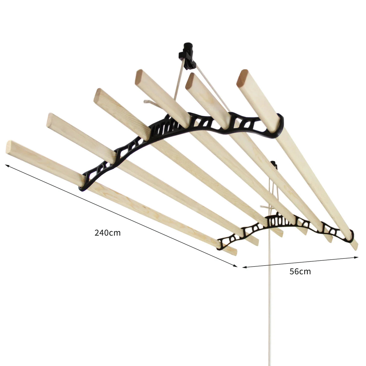 Ceiling-mounted black clothing airer with five wooden drying rods, measuring 2.4m long and 56cm wide, ideal for space-saving laundry drying