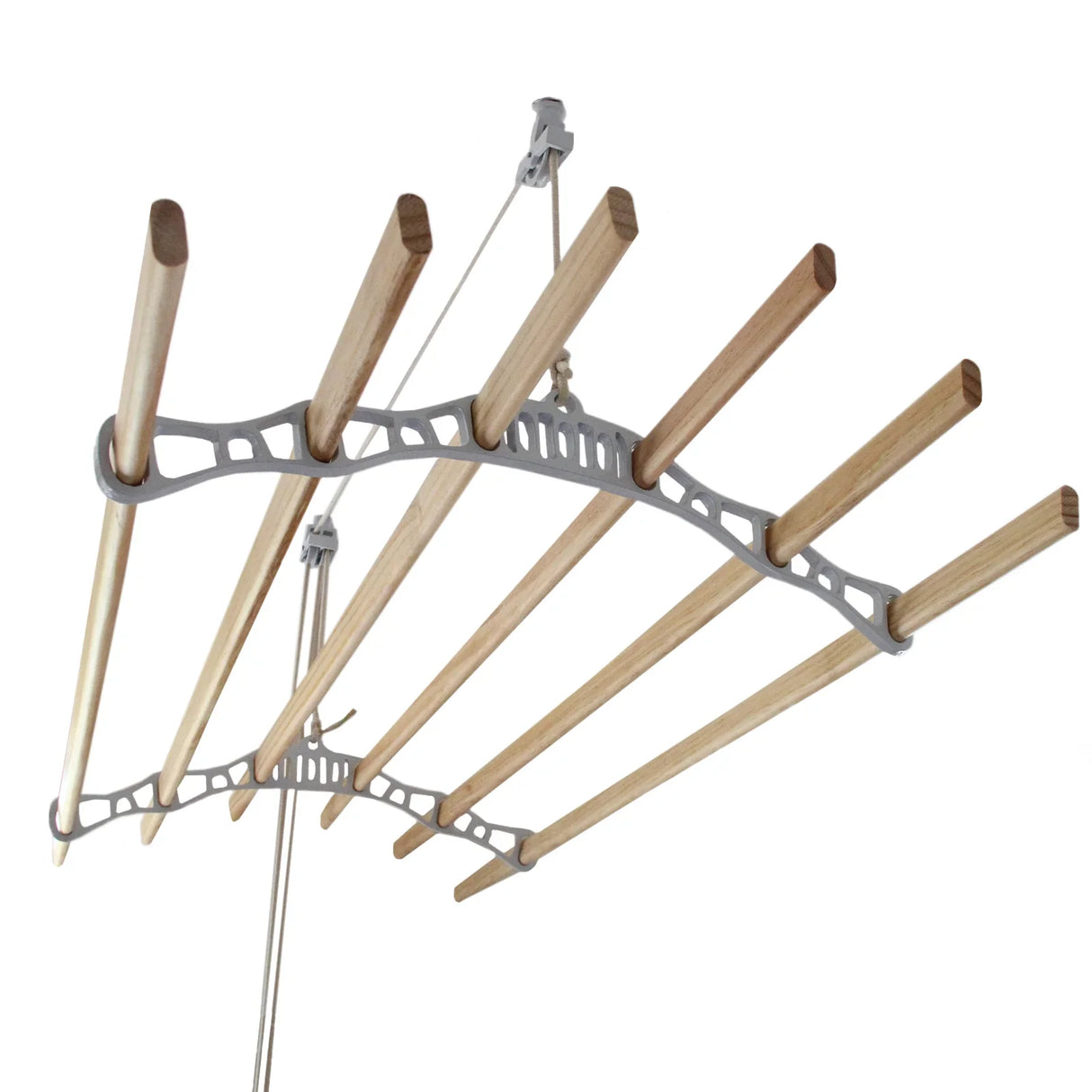 Ceiling-mounted clothing airer with white metal frame and wooden drying rods, designed for efficient indoor laundry drying