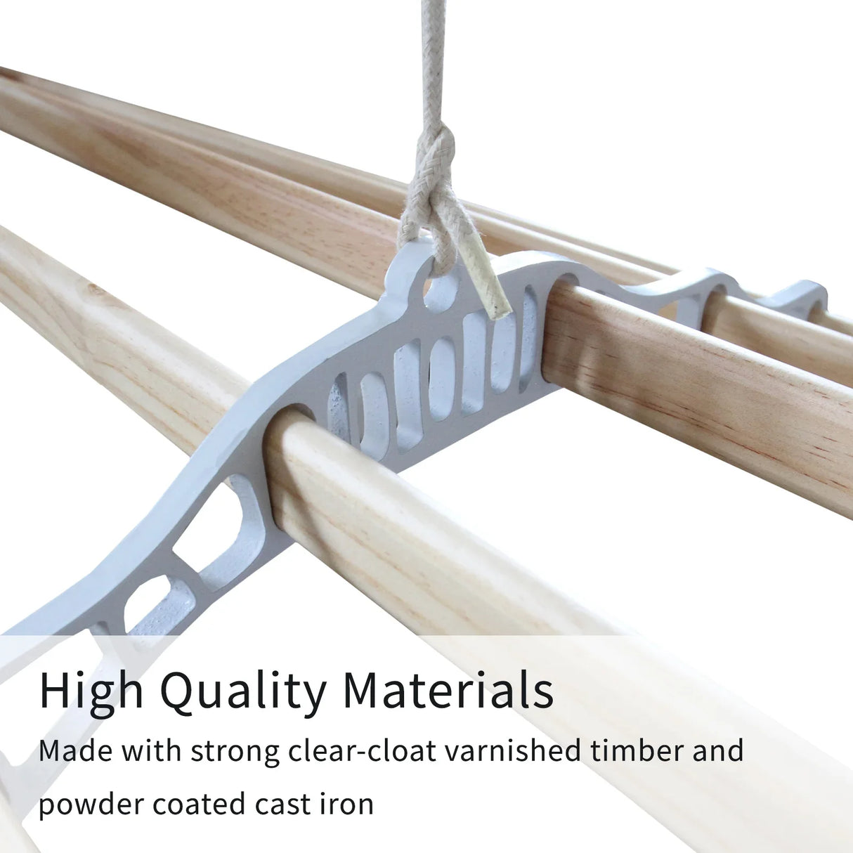 Ceiling pulley clothing airer in white, featuring varnished timber and powder-coated cast iron, showcasing sturdy construction and practical design