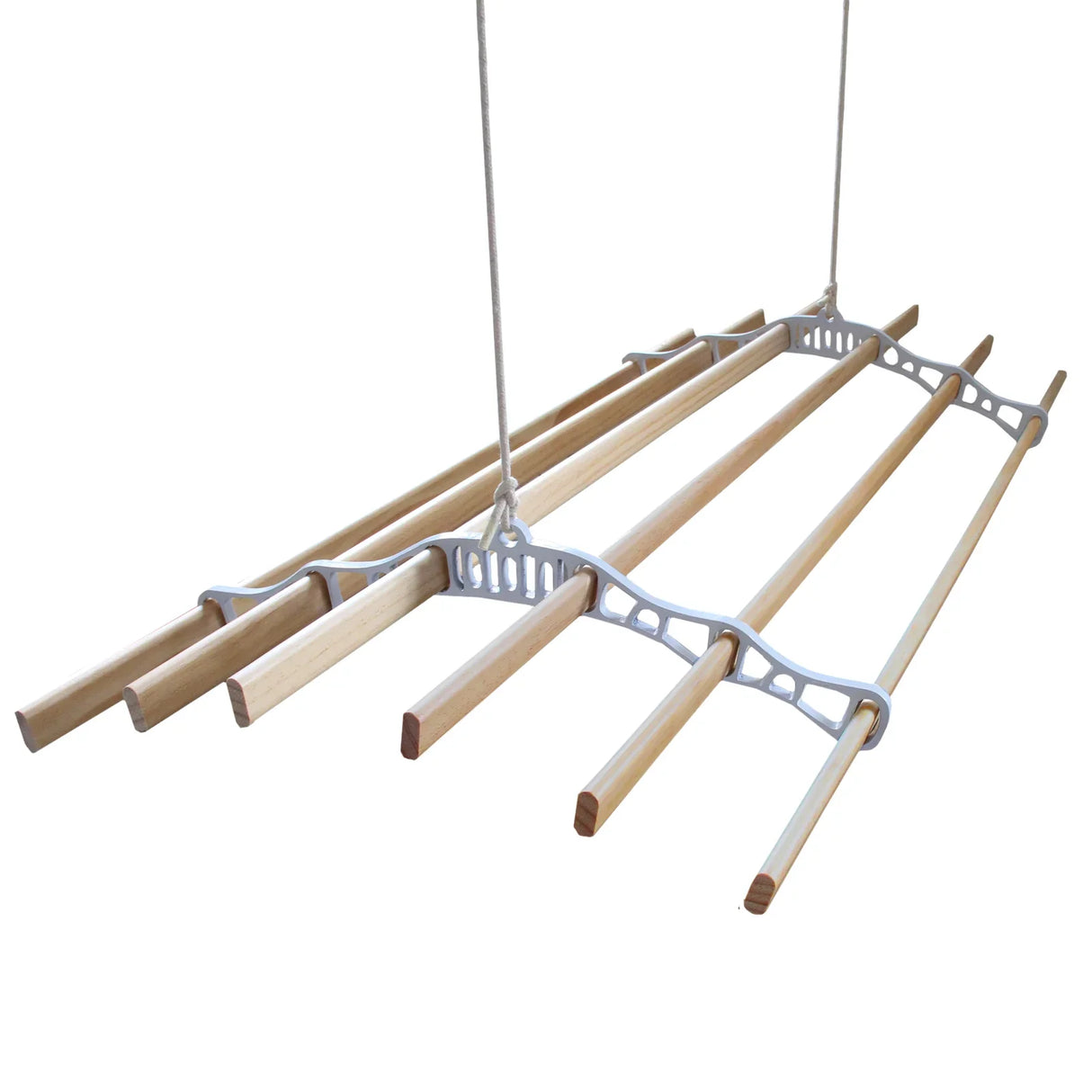 Ceiling pulley clothing airer in white with five wooden drying rods, ideal for space-saving laundry drying solutions
