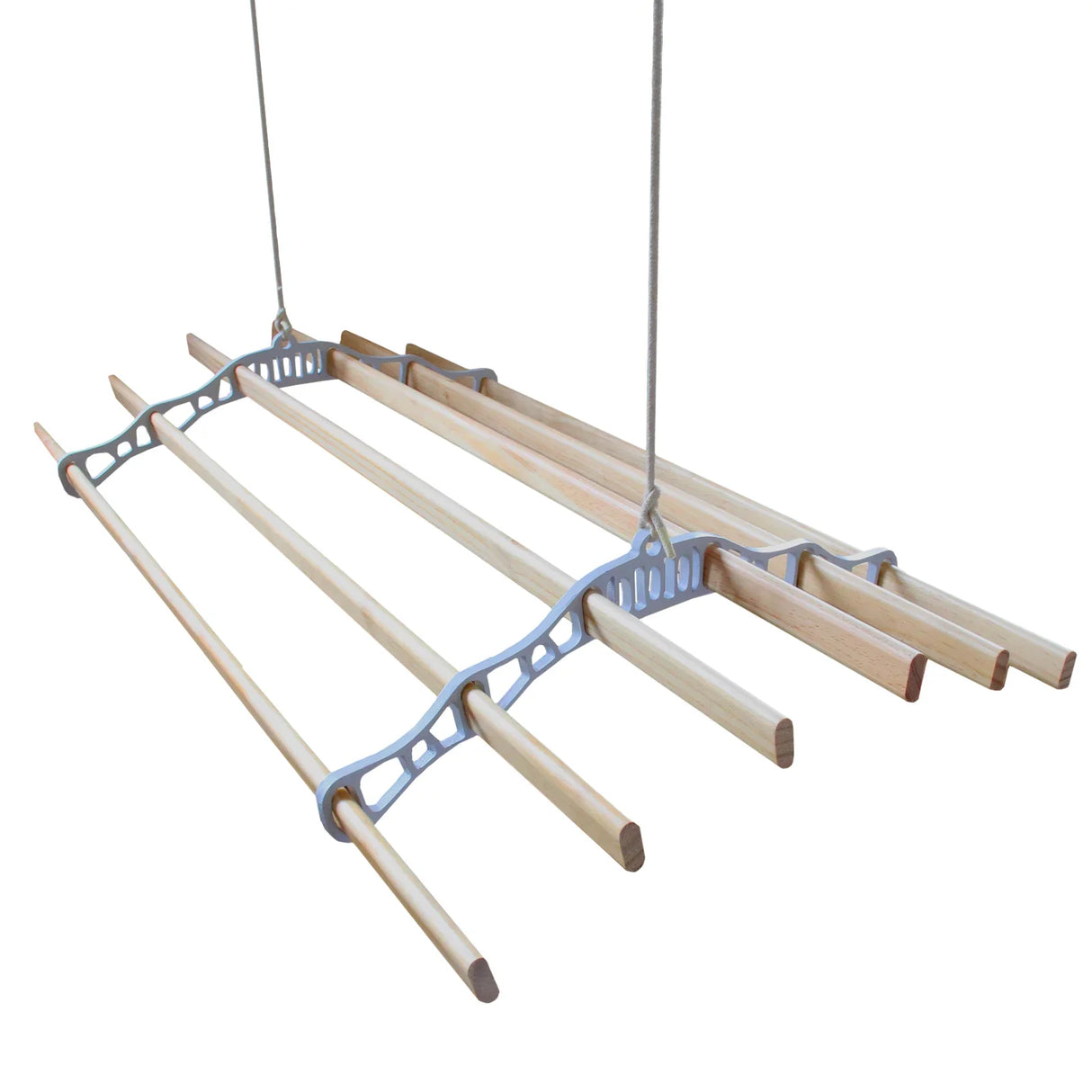 Ceiling-mounted clothing airer with white pulley system and wooden drying rods, ideal for space-saving laundry solutions