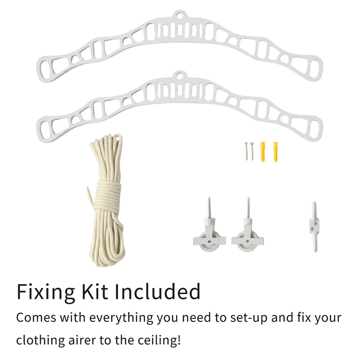 White ceiling pulley fixing kit for 2m clothing airer, includes two brackets, rope, screws, and wall plugs for easy installation