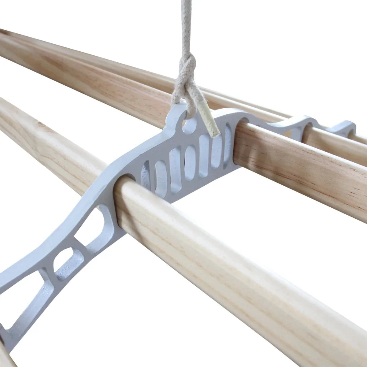 Ceiling pulley clothing airer in white with wooden rods, featuring a sturdy design and smooth pulley system for easy drying