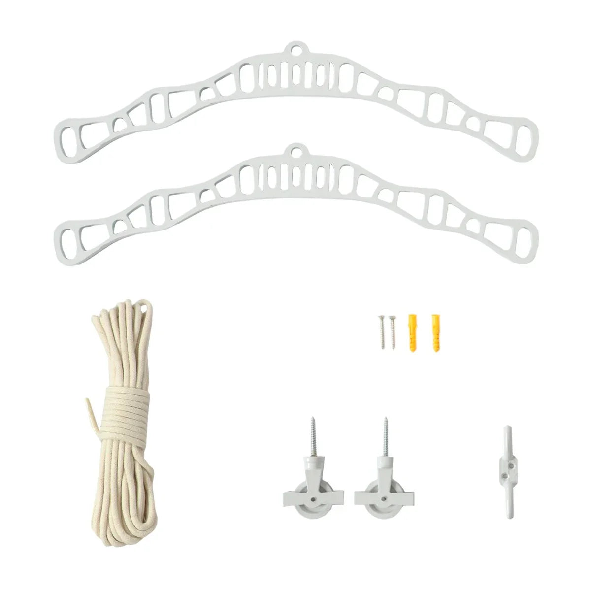 Ceiling pulley clothing airer in white, featuring two sturdy brackets, a length of cord, screws, and wall anchors for easy installation
