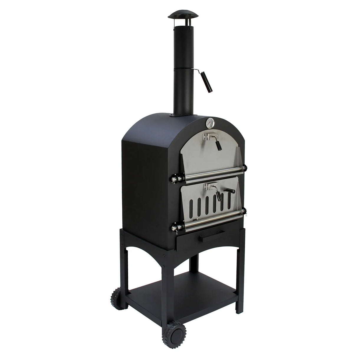 KuKoo outdoor pizza oven in sleek black with stainless steel accents, featuring a chimney and sturdy wheeled base for easy mobility
