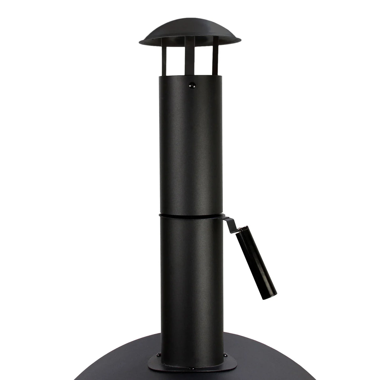 Sleek black KuKoo outdoor pizza oven chimney with a rounded top and adjustable handle, designed for efficient heat release