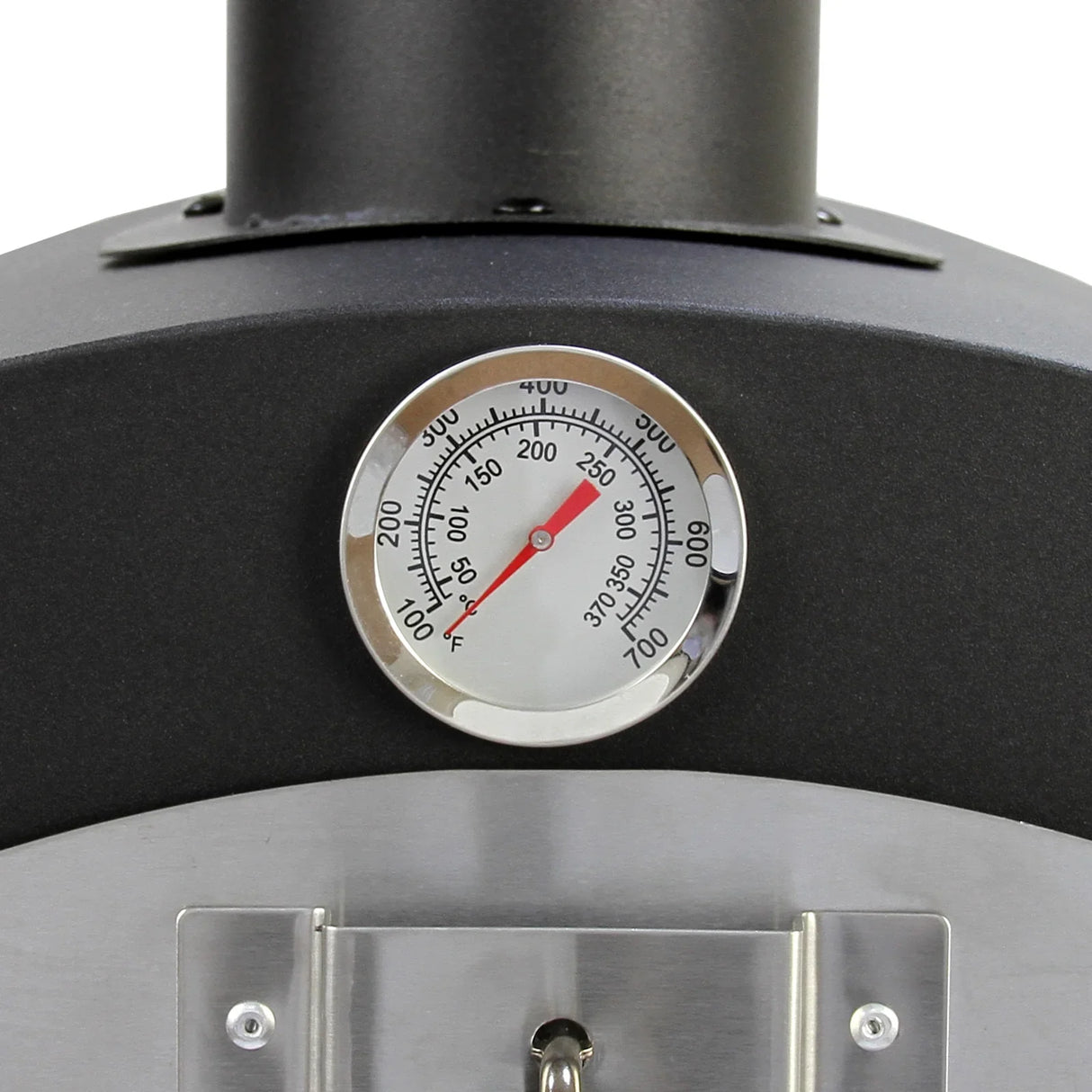 Stainless steel thermometer on KuKoo outdoor pizza oven, displaying temperature range for optimal cooking conditions