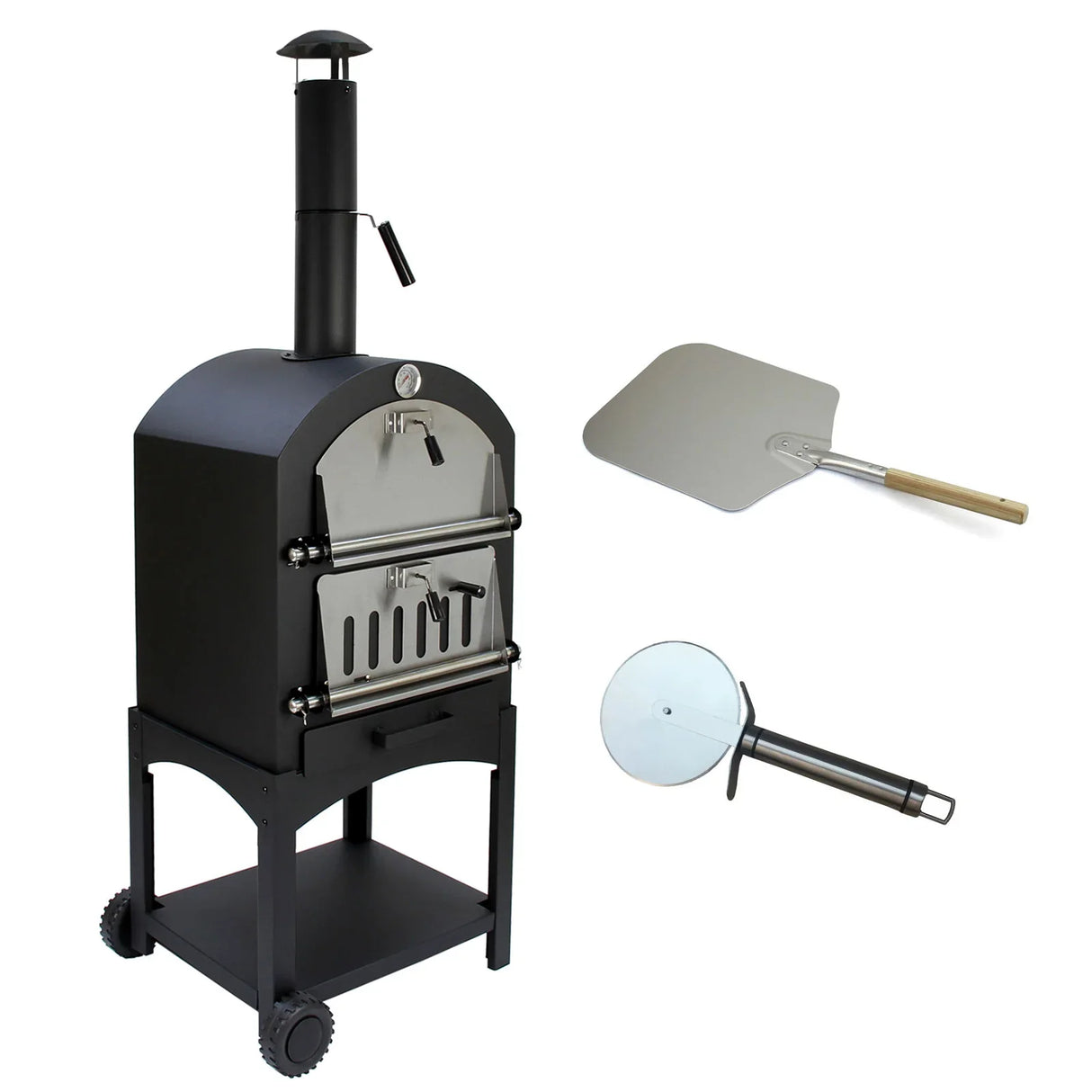 KuKoo outdoor pizza oven in black with stainless steel accents, includes a metal pizza peel and a round pizza cutter for easy serving