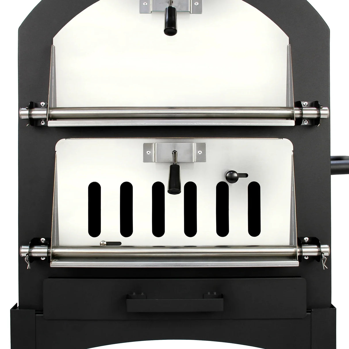 KuKoo outdoor pizza oven with stainless steel rollers, black exterior, and a spacious cooking chamber for perfect pizzas