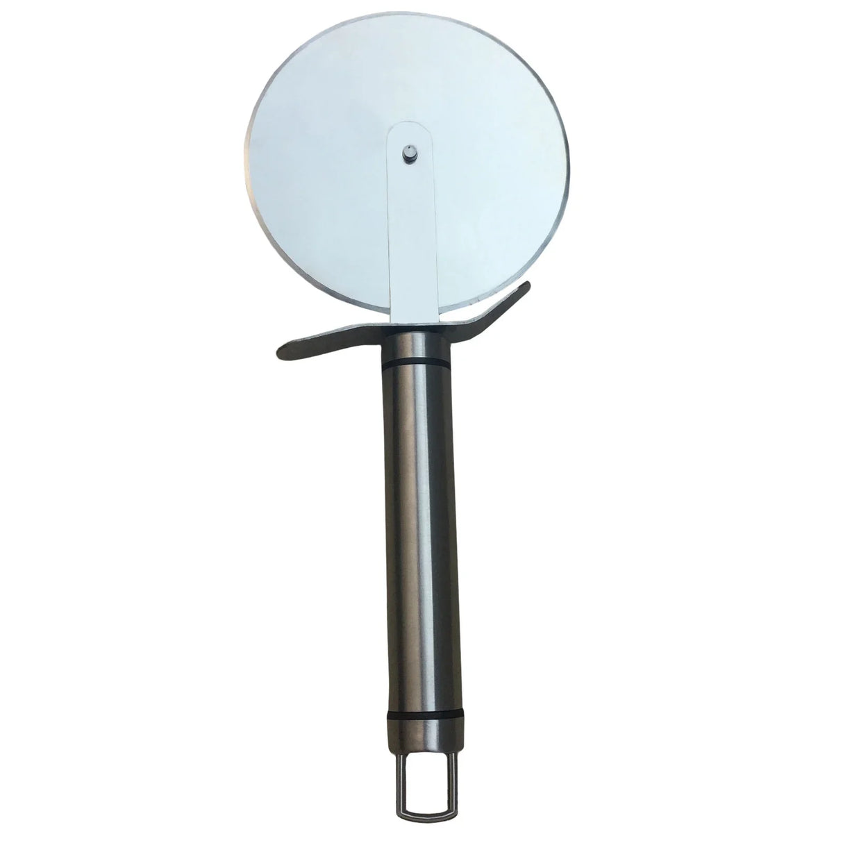 Stainless steel pizza cutter with a round blade and ergonomic handle, designed for easy slicing of pizzas and flatbreads
