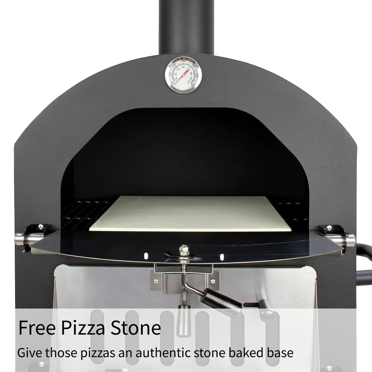 KuKoo outdoor pizza oven with a black exterior, stainless steel features, and a free pizza stone for authentic baking