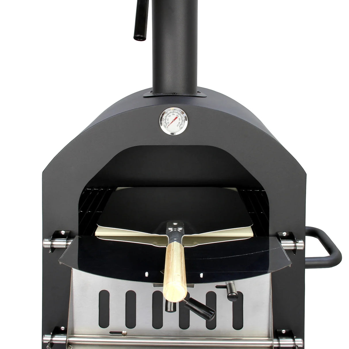 KuKoo outdoor pizza oven with a sleek black finish, featuring a wooden-handled pizza peel and a built-in thermometer for precise cooking
