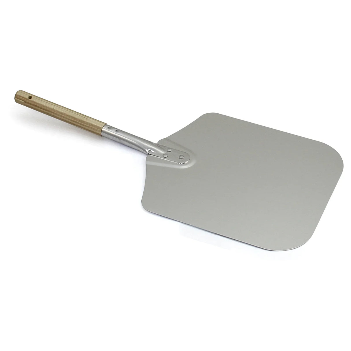 Stainless steel pizza peel with a smooth surface and a wooden handle, designed for easy pizza transfer in outdoor ovens