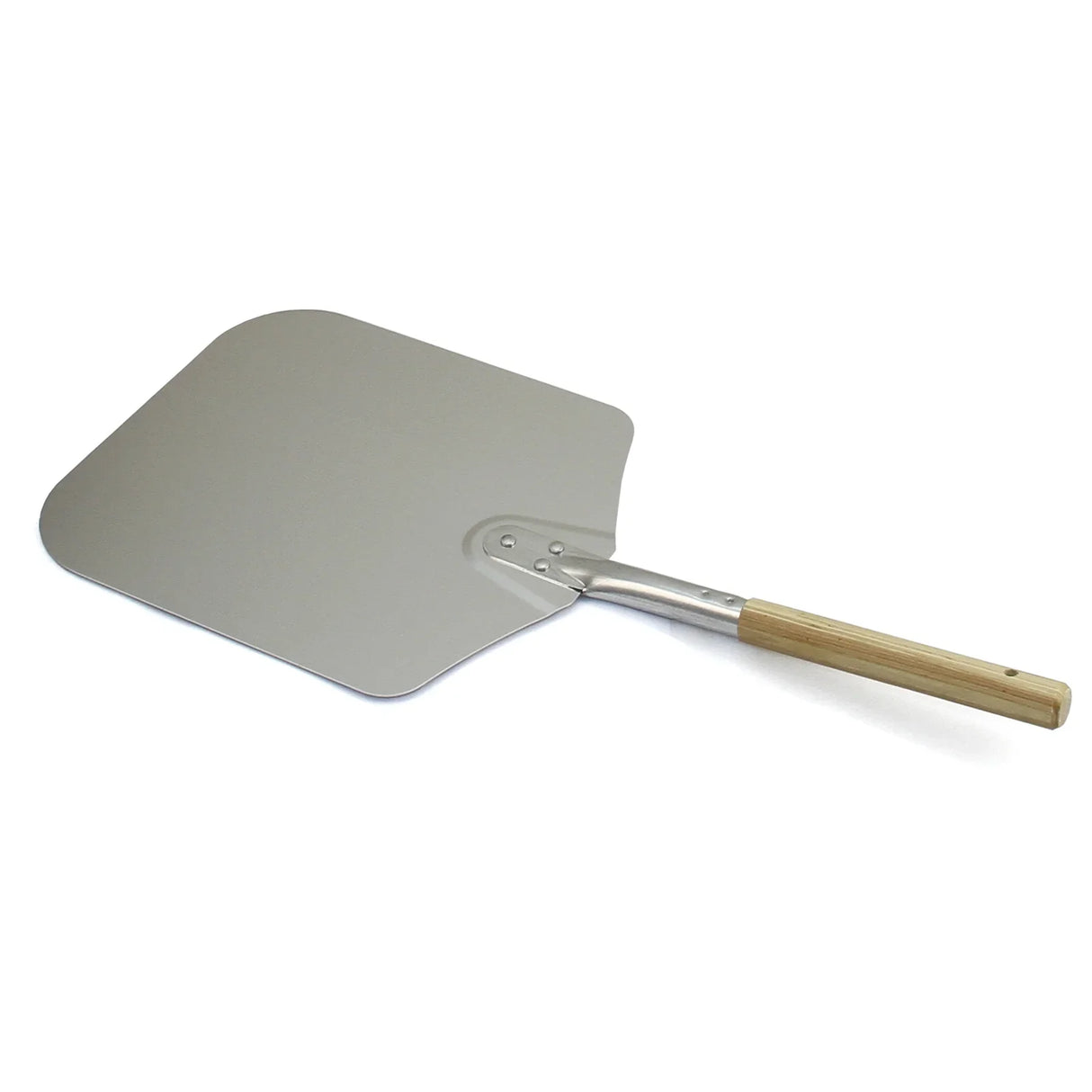 Stainless steel pizza peel with a wooden handle, featuring a large, flat surface for easy pizza transfer and serving