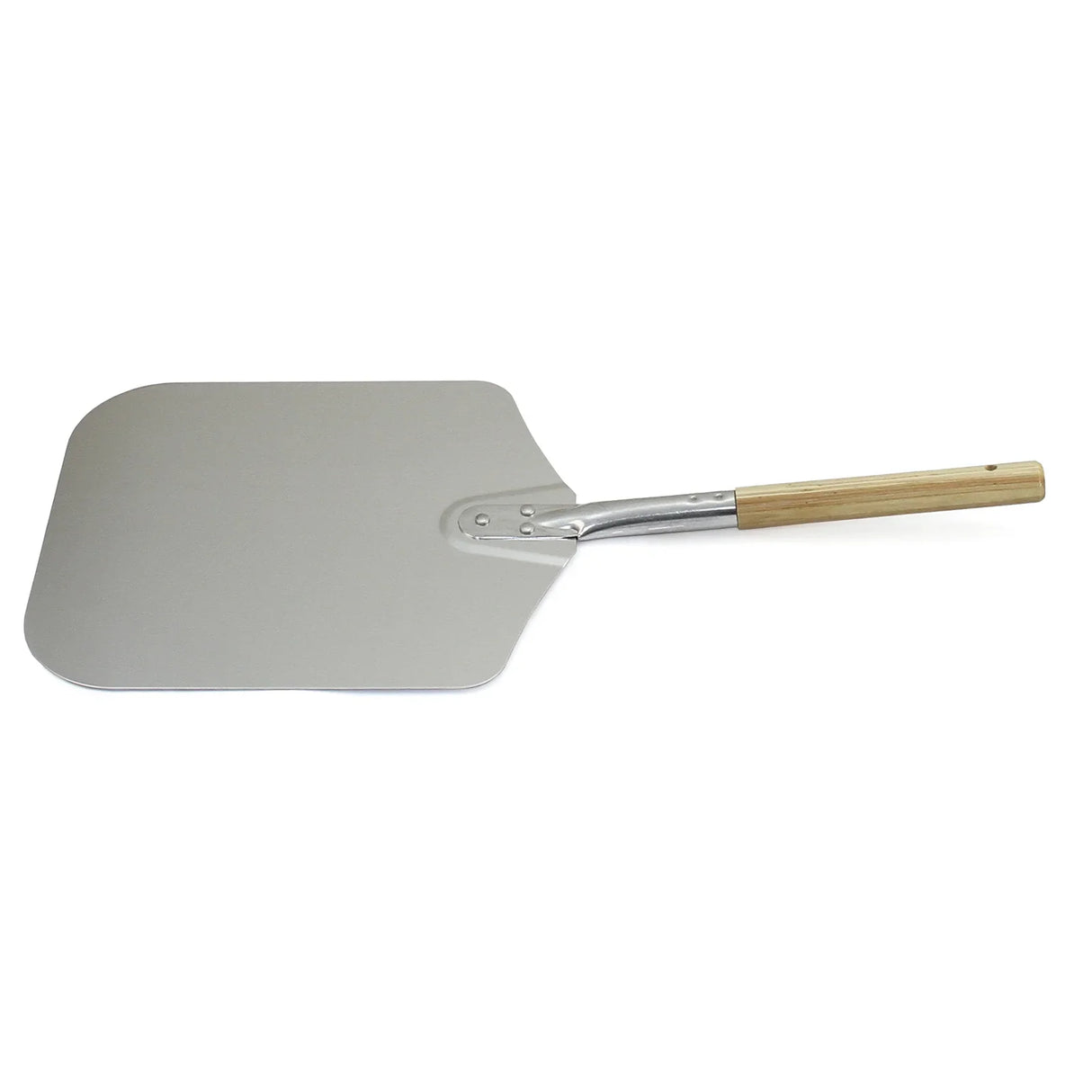 Stainless steel pizza peel with a wooden handle, featuring a large, flat surface for easy pizza transfer and baking