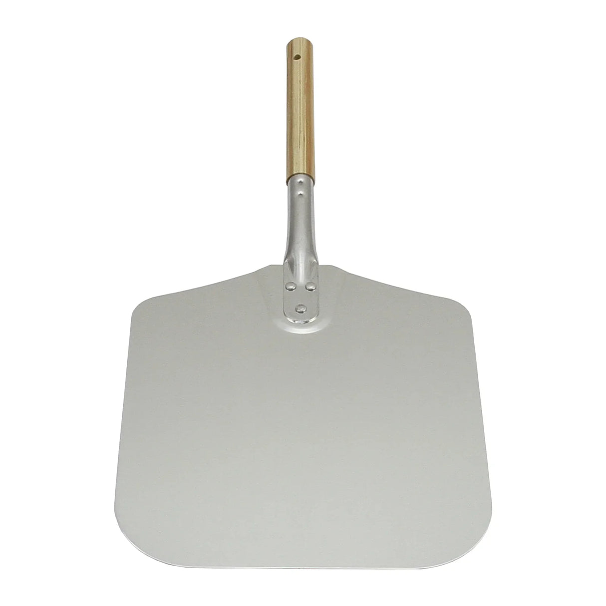 Stainless steel pizza peel with a wooden handle, featuring a wide, flat surface for easy pizza transfer and a sleek design