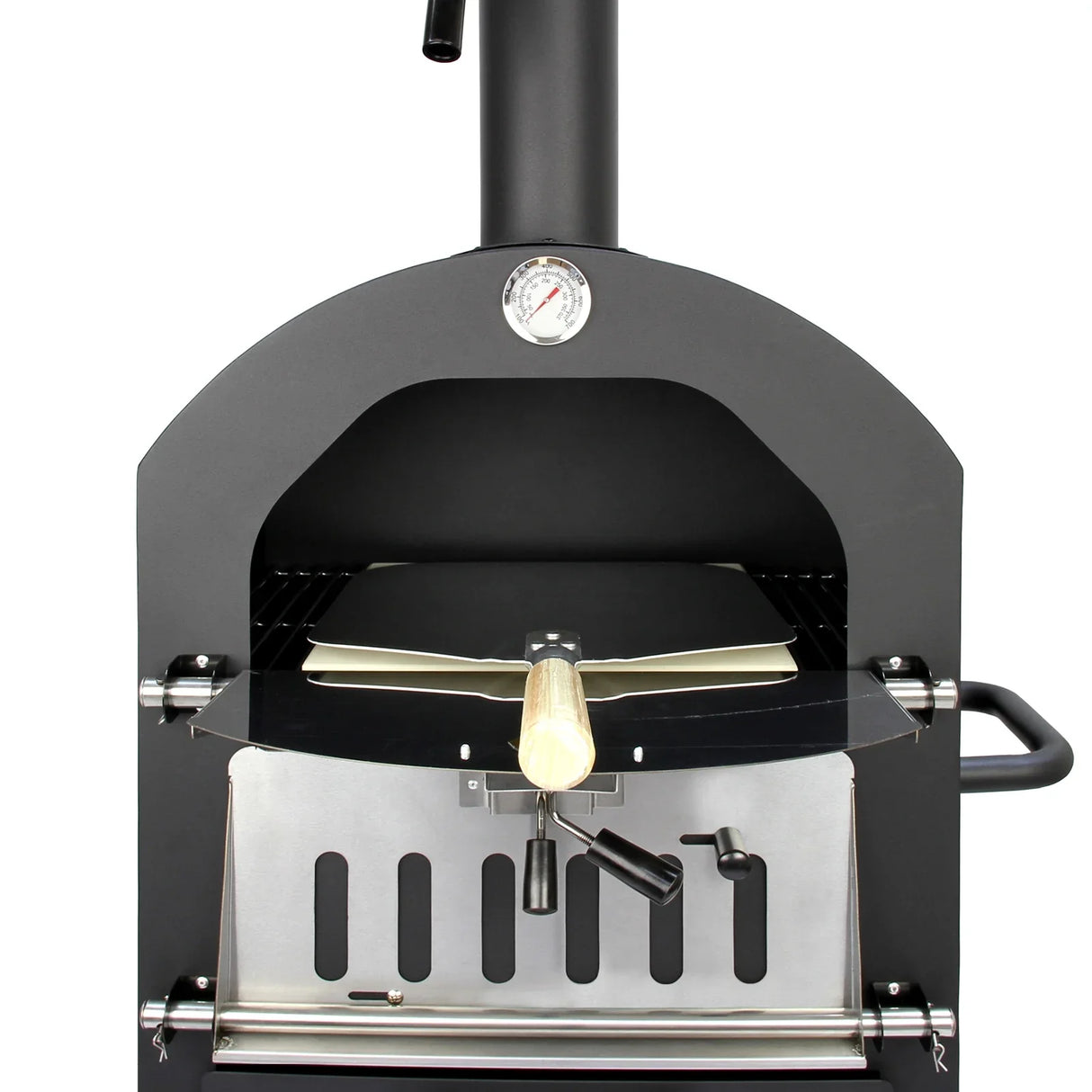 KuKoo outdoor pizza oven with a sleek black finish, stainless steel front, and a wooden pizza peel ready for use inside the oven