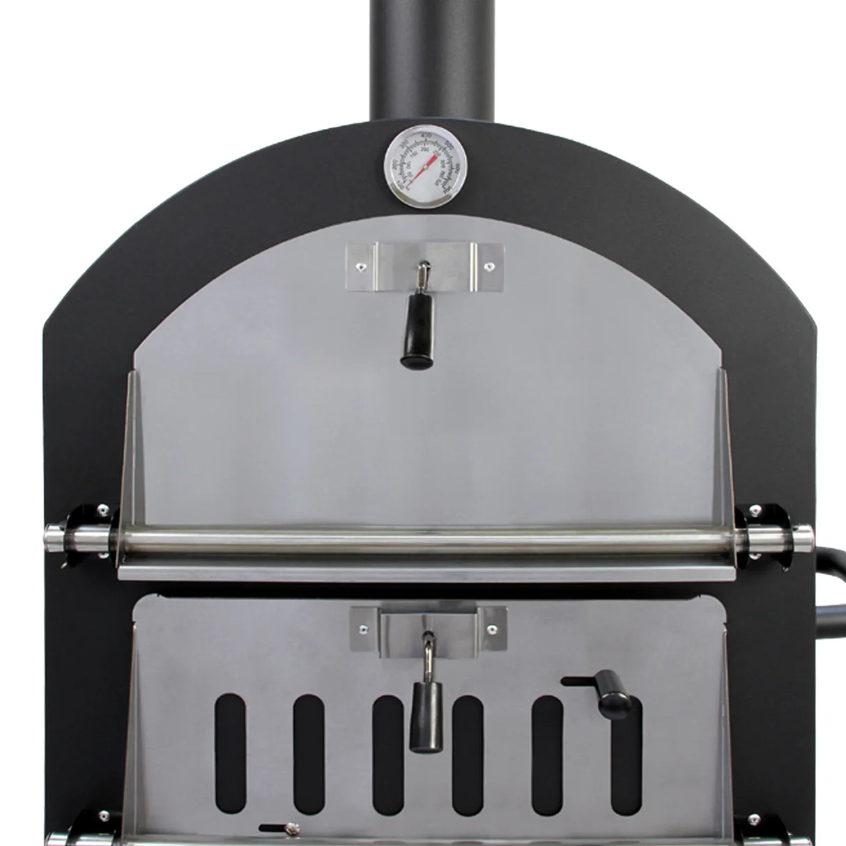 KuKoo outdoor pizza oven featuring a sleek black design, stainless steel front, temperature gauge, and dual pizza stone shelves