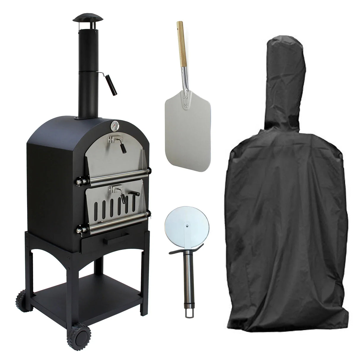 KuKoo outdoor pizza oven in sleek black with stainless steel accents, includes a pizza peel and protective cover for outdoor use