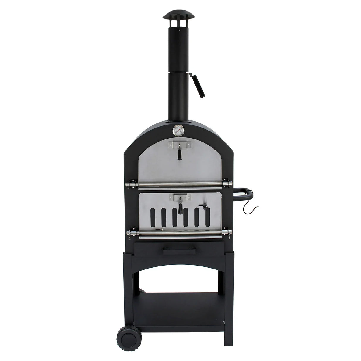 KuKoo outdoor pizza oven with stainless steel finish, black accents, chimney, and side shelf for easy cooking and storage