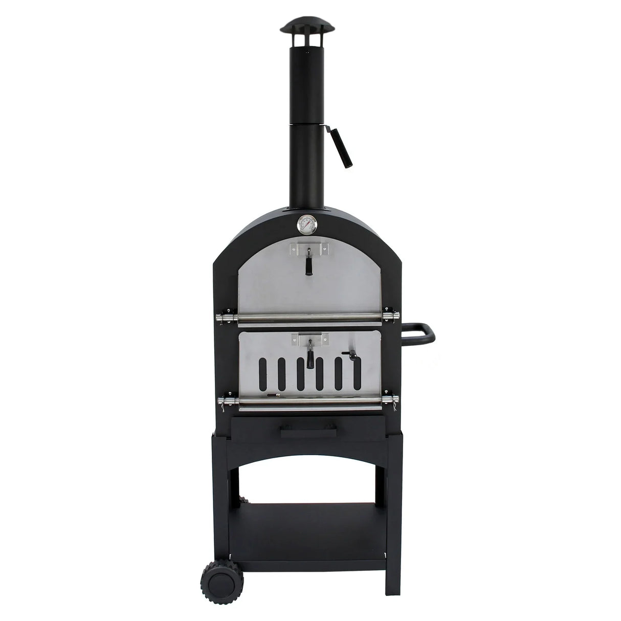 KuKoo outdoor pizza oven with stainless steel front, black body, chimney, and built-in thermometer for perfect cooking