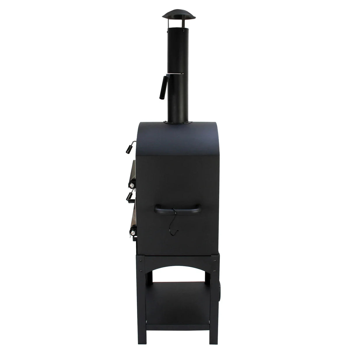 KuKoo outdoor pizza oven in sleek black with a chimney, sturdy legs, and a protective cover, perfect for backyard cooking