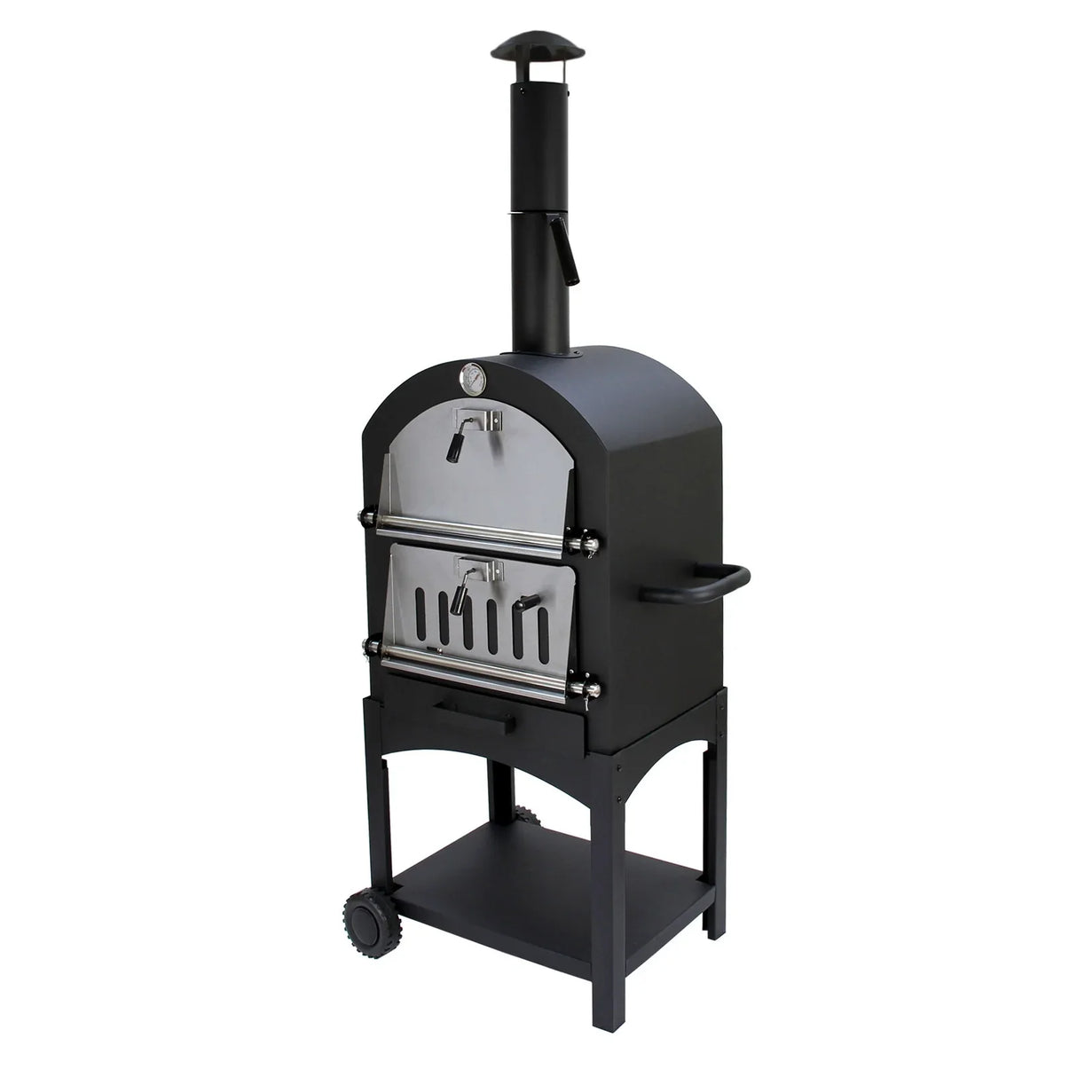 KuKoo Outdoor Pizza Oven in sleek black with stainless steel accents, featuring a chimney, dual doors, and a sturdy wheeled base