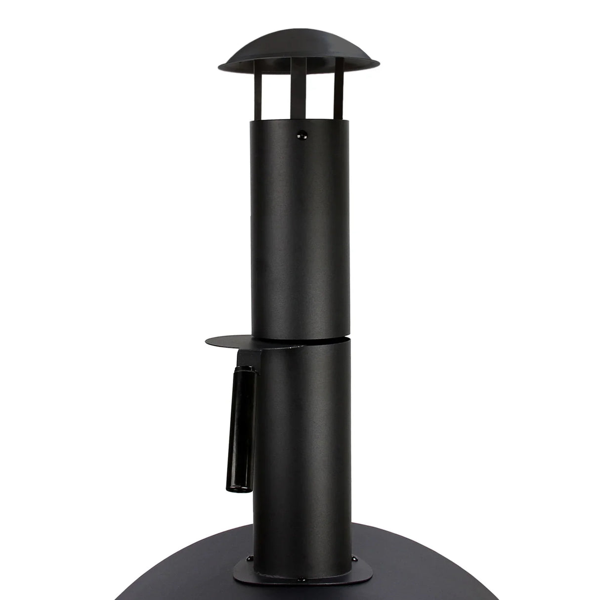 Black metal chimney with a rounded top, attached to the KuKoo Outdoor Pizza Oven, showcasing its sleek design and sturdy construction