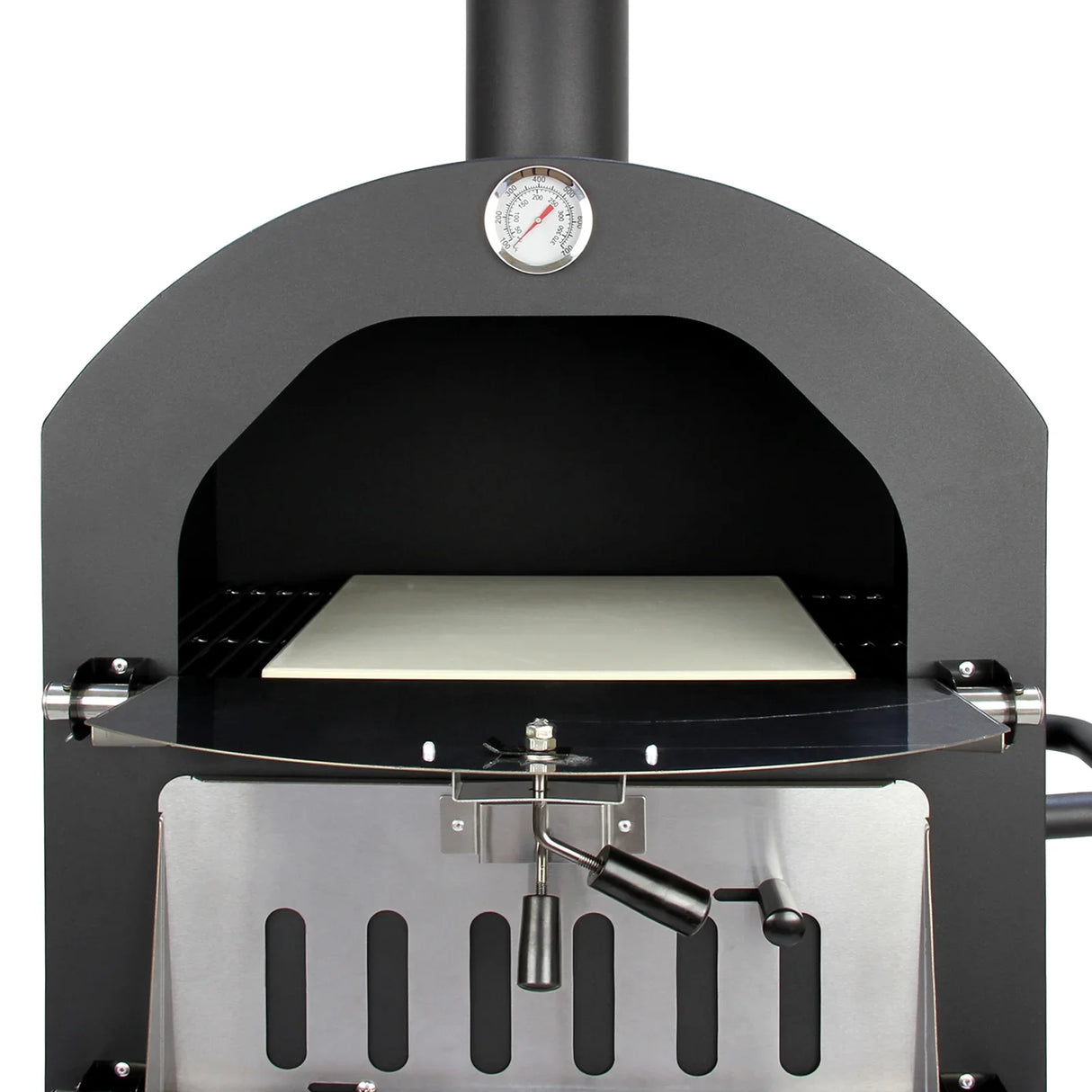 KuKoo outdoor pizza oven with a sleek black finish, stainless steel details, and a built-in thermometer for precise cooking