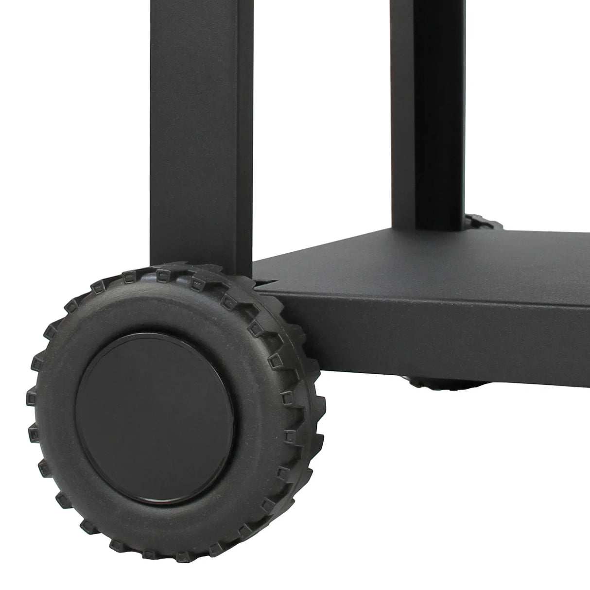 Black wheeled base of the KuKoo Outdoor Pizza Oven, featuring sturdy rubber wheels for easy mobility and a durable metal frame