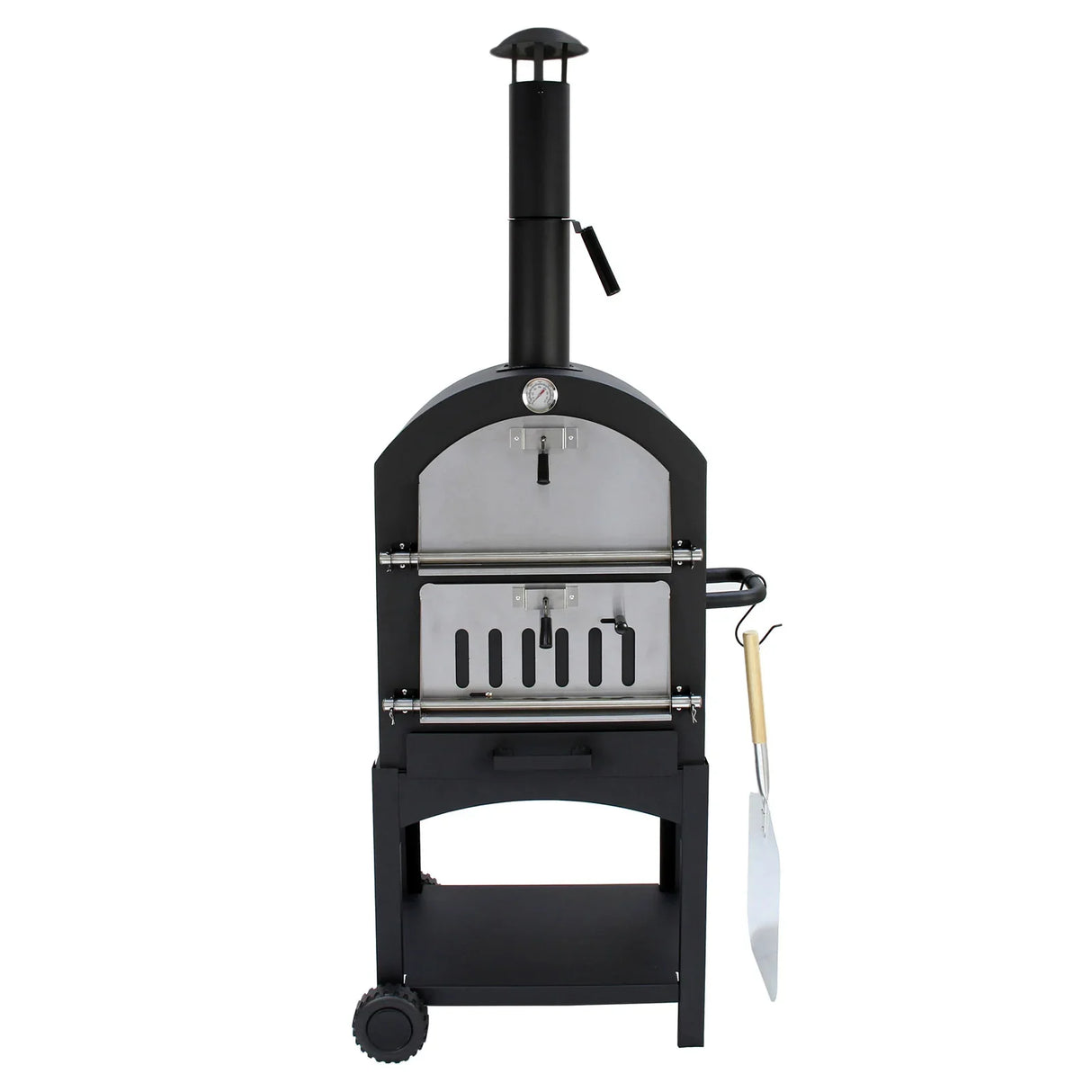 KuKoo outdoor pizza oven in sleek black steel with a chimney, temperature gauge, and wooden pizza peel for easy serving