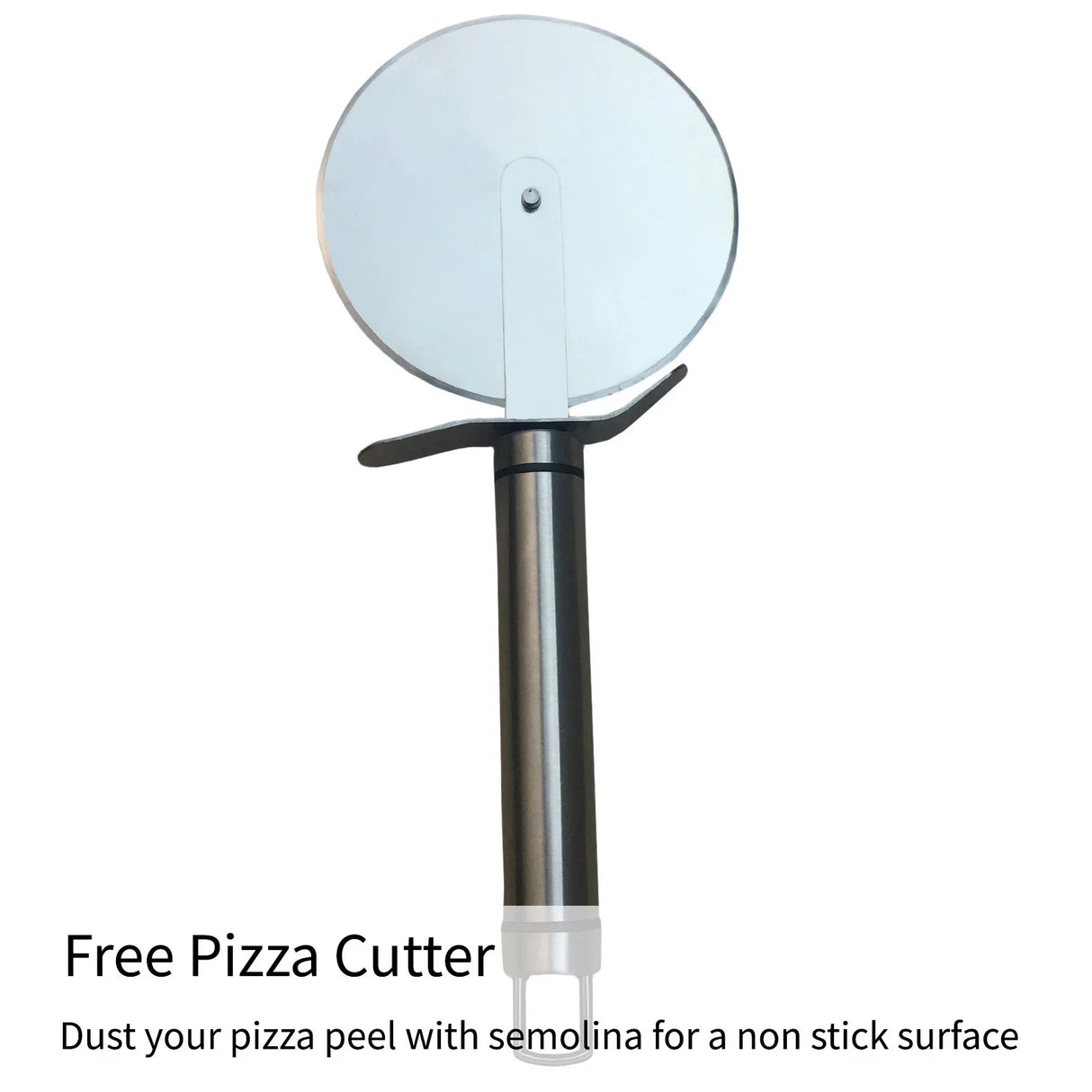Stainless steel pizza cutter with a round blade and ergonomic black handle, ideal for slicing pizzas easily and cleanly