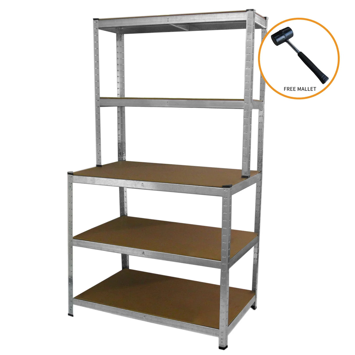 Galwix workbench shelving unit with four sturdy shelves, metallic frame, and brown particle board surfaces, includes free mallet