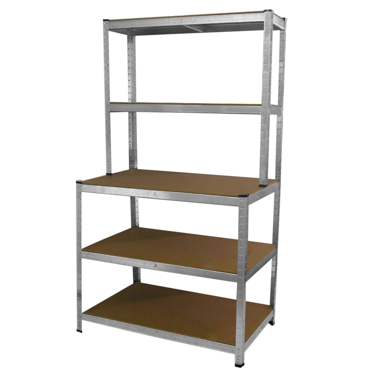 Galwix workbench shelving unit with four sturdy brown shelves and a durable silver metal frame, ideal for organizing tools and supplies