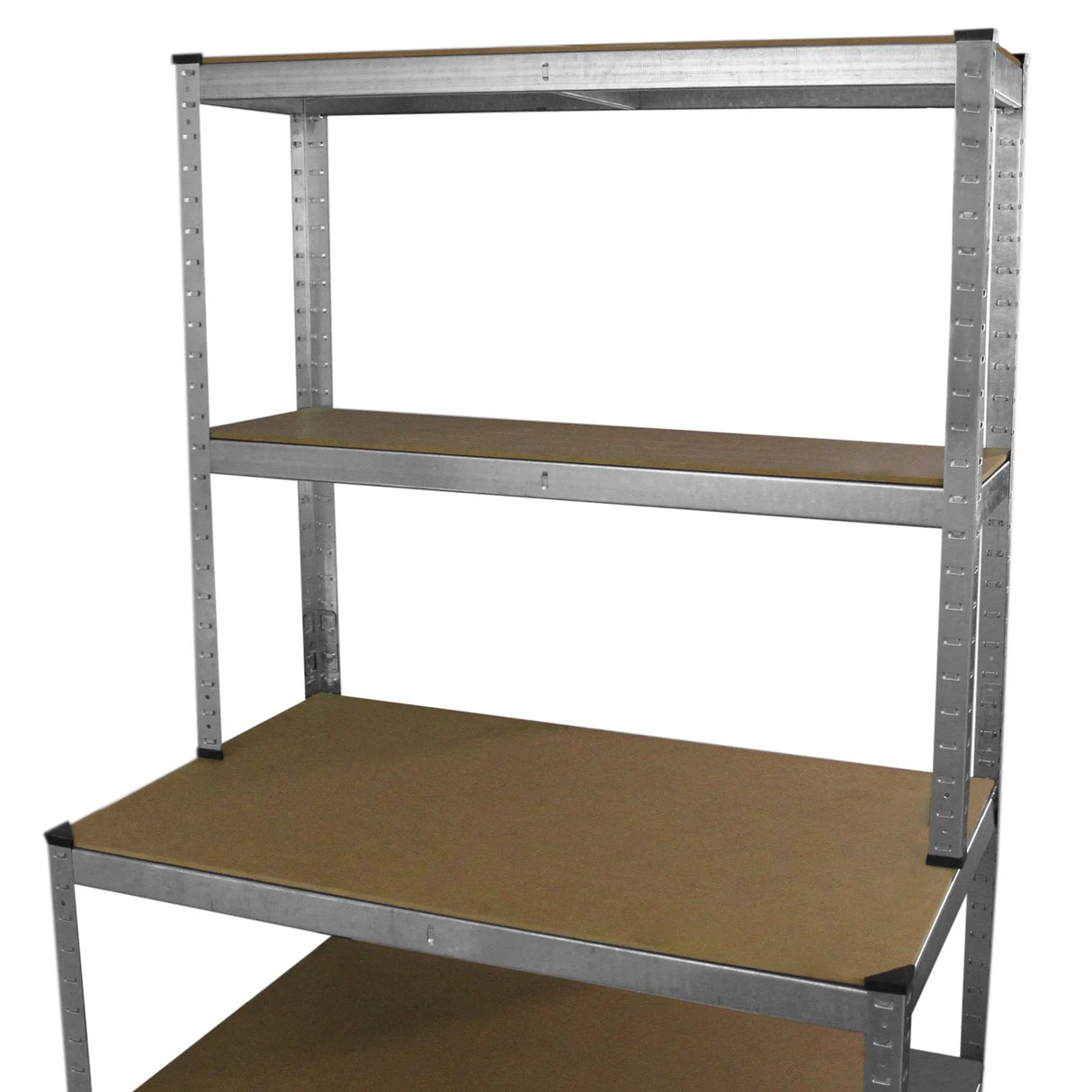 Galwix workbench shelving unit with three sturdy metal shelves, featuring a sleek silver finish and durable wooden surfaces for storage