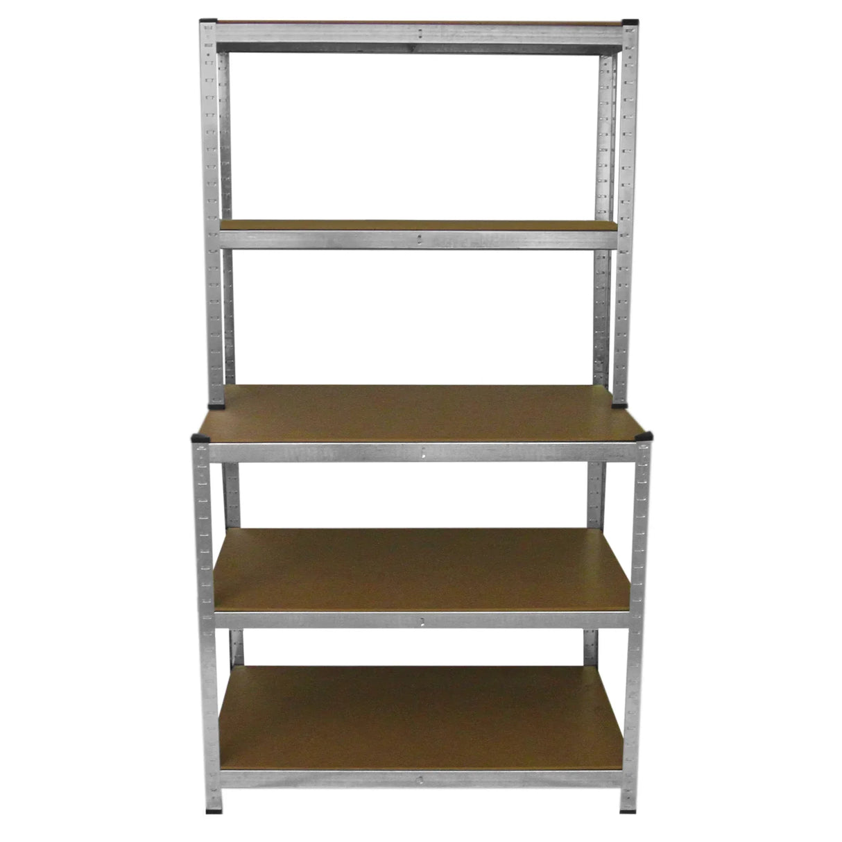 Galwix workbench shelving unit featuring a sturdy metal frame with four wooden shelves, ideal for storage and organization