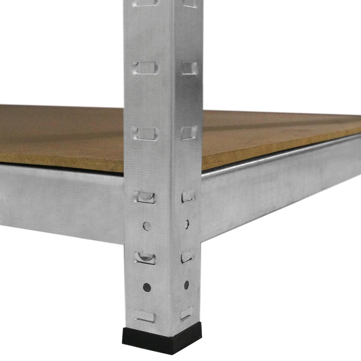 Galwix workbench shelving unit featuring a sturdy metal frame, wooden shelf, and black rubber feet for stability and support