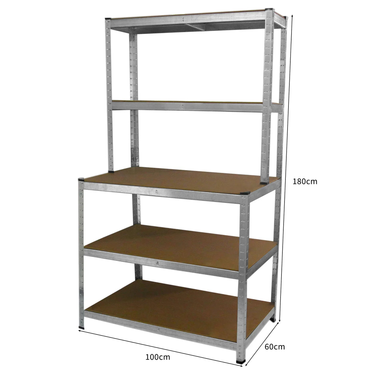 Galwix workbench shelving unit with four sturdy shelves, metallic frame, and wooden surfaces, measuring 180cm tall and 100cm wide