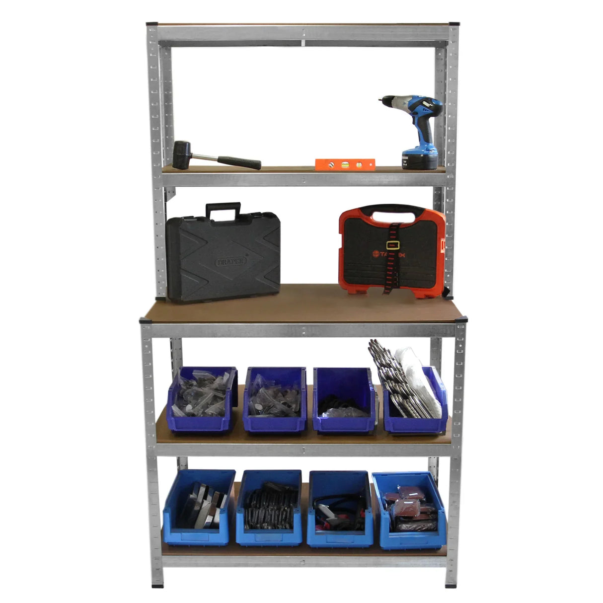 Monster Racking Galwix workbench shelving unit with metal frame, wooden shelves, and colorful storage bins for tools and accessories