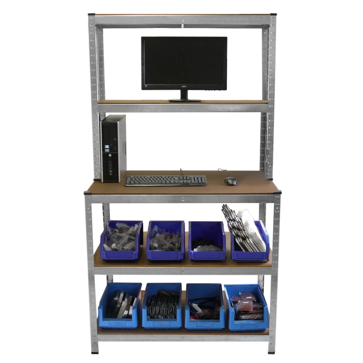 Galwix workbench shelving unit with a sturdy metal frame, wooden shelves, computer monitor, keyboard, and blue storage bins filled with tools