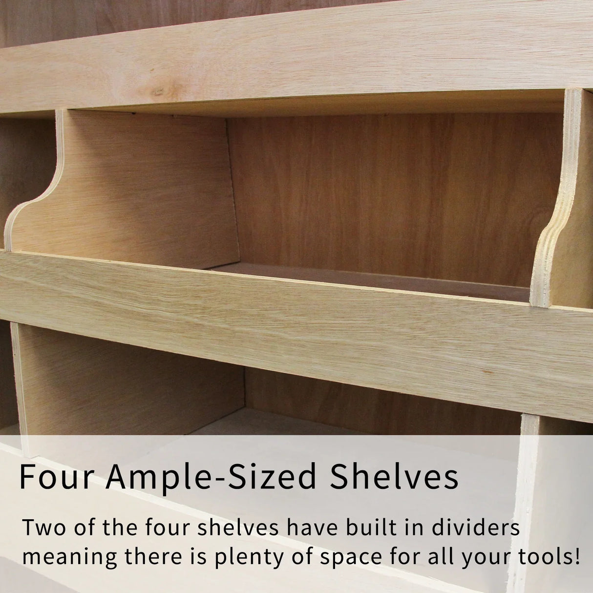 Monster Racking Transporter Van Rack features four ample-sized wooden shelves with built-in dividers for organized tool storage
