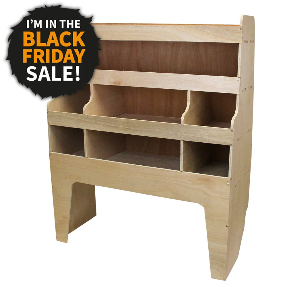 Monster Racking Transporter Van Rack in natural wood finish, featuring multiple shelves and compartments for organized storage, highlighted by a Black Friday sale banner