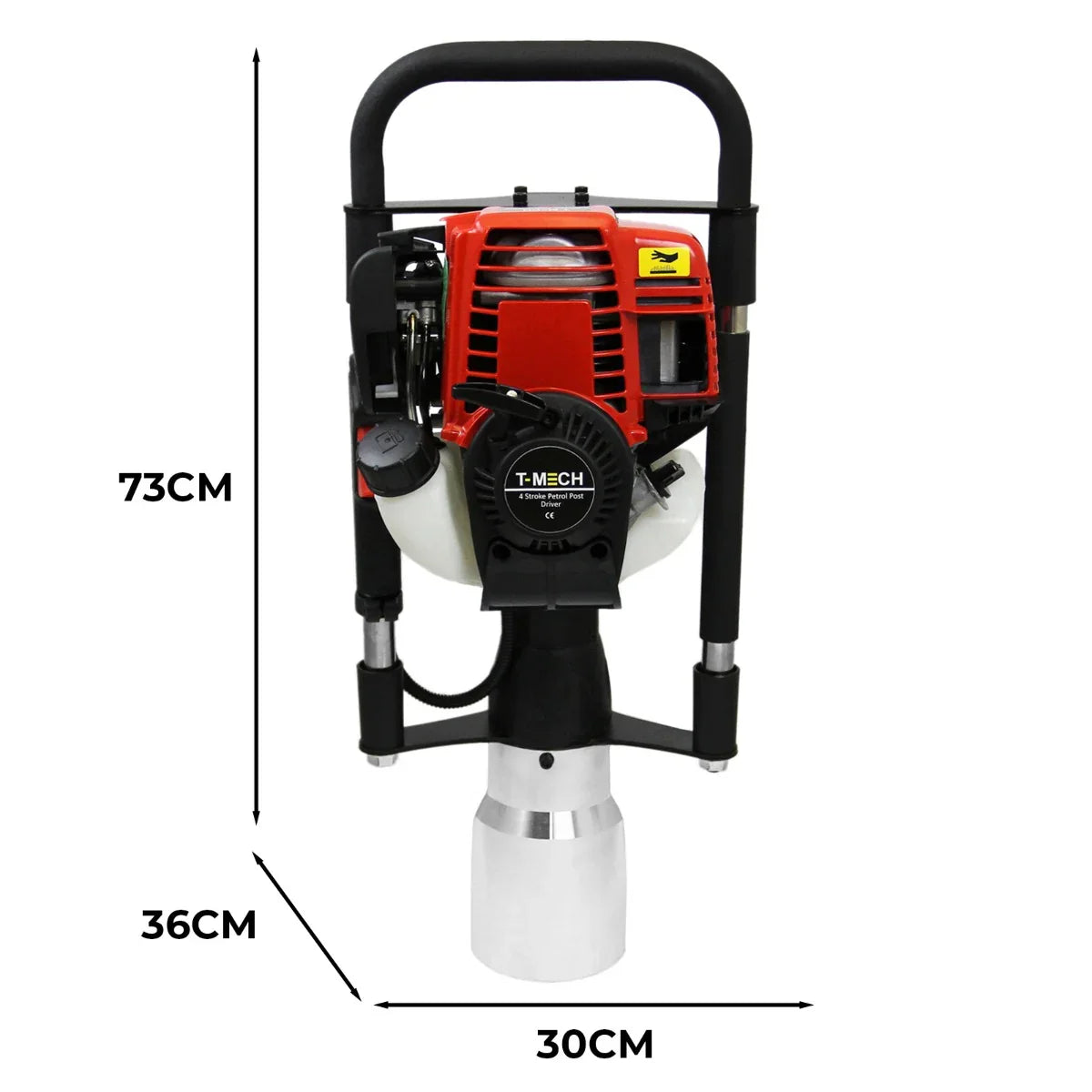 T-Mech Earth Auger with 4-Stroke Post Driver, featuring a red engine, silver metal shaft, and sturdy black handle, dimensions 73cm x 30cm x 36cm