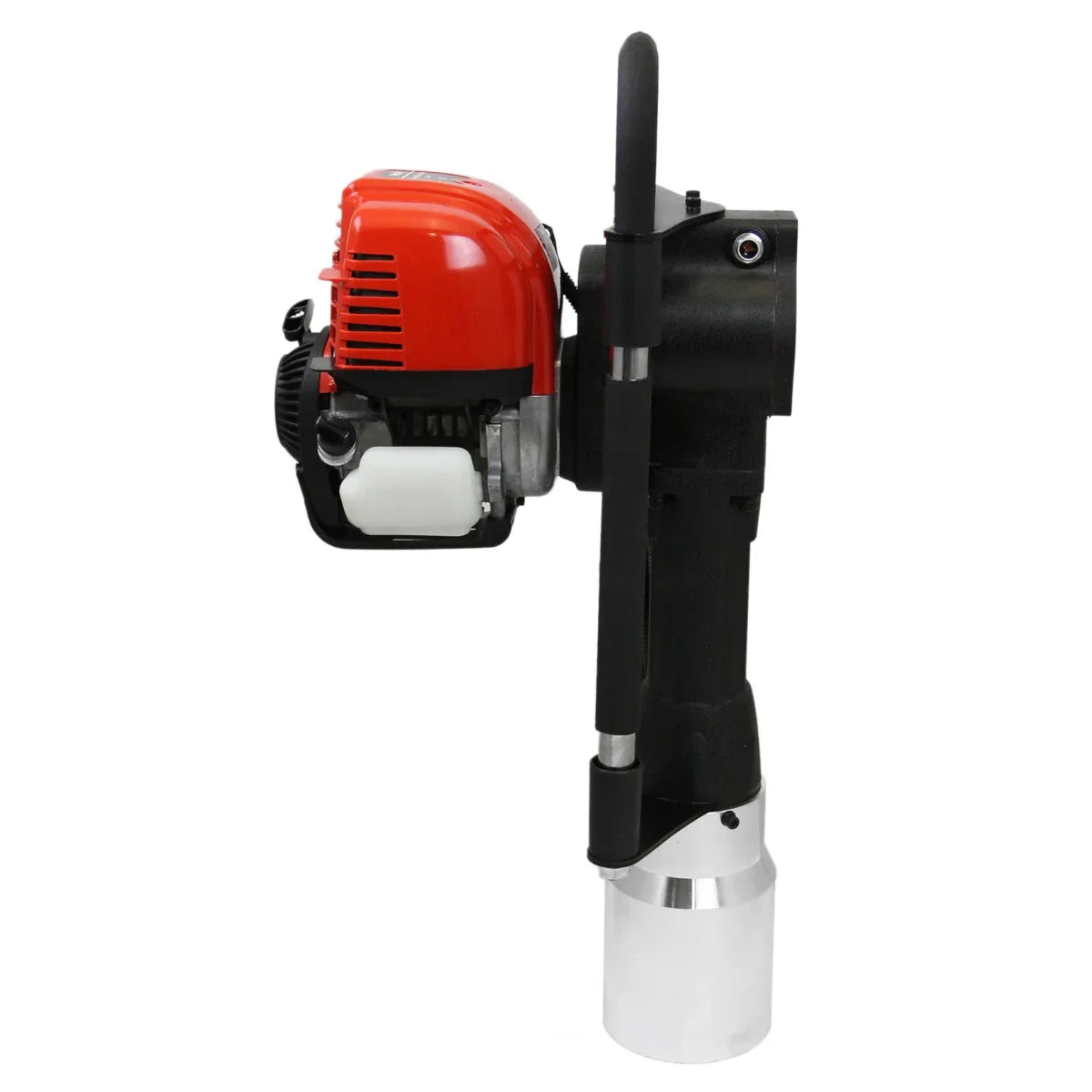 T-Mech Earth Auger with a bright red engine, black body, and silver post driver, designed for efficient drilling and post installation