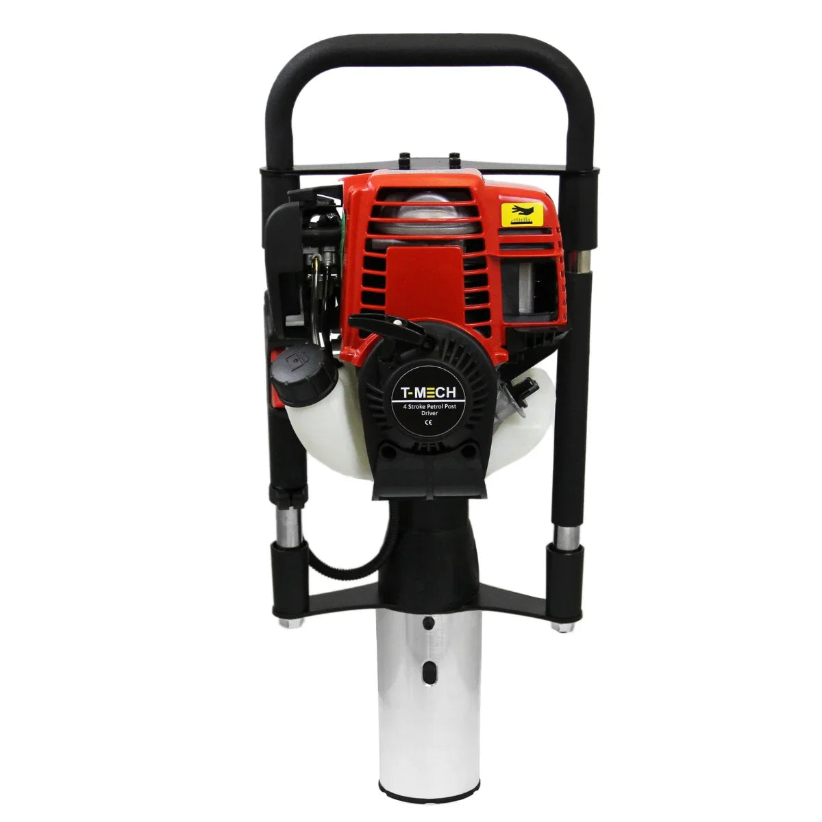 T-Mech Earth Auger with 4-Stroke Post Driver features a red engine, black handle, and silver metal shaft, designed for efficient drilling