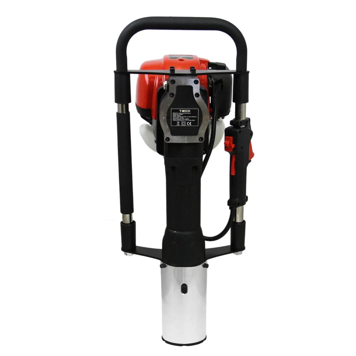 T-Mech Earth Auger & 4-Stroke Post Driver features a sturdy black and red design, with a metal drill bit and ergonomic handle for easy use